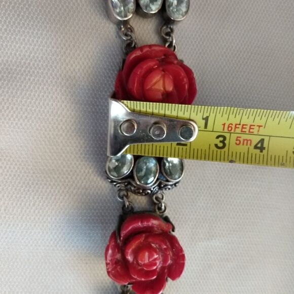 VINTAGE 925 Silver Bracelet with 10 TOPAZ and 3 Red Roses Toggle Closure - Picture 5 of 13